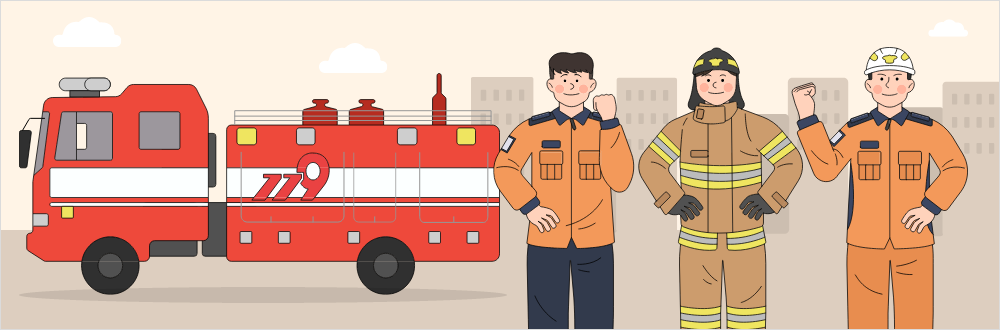 소방차와 소방대원 이미지